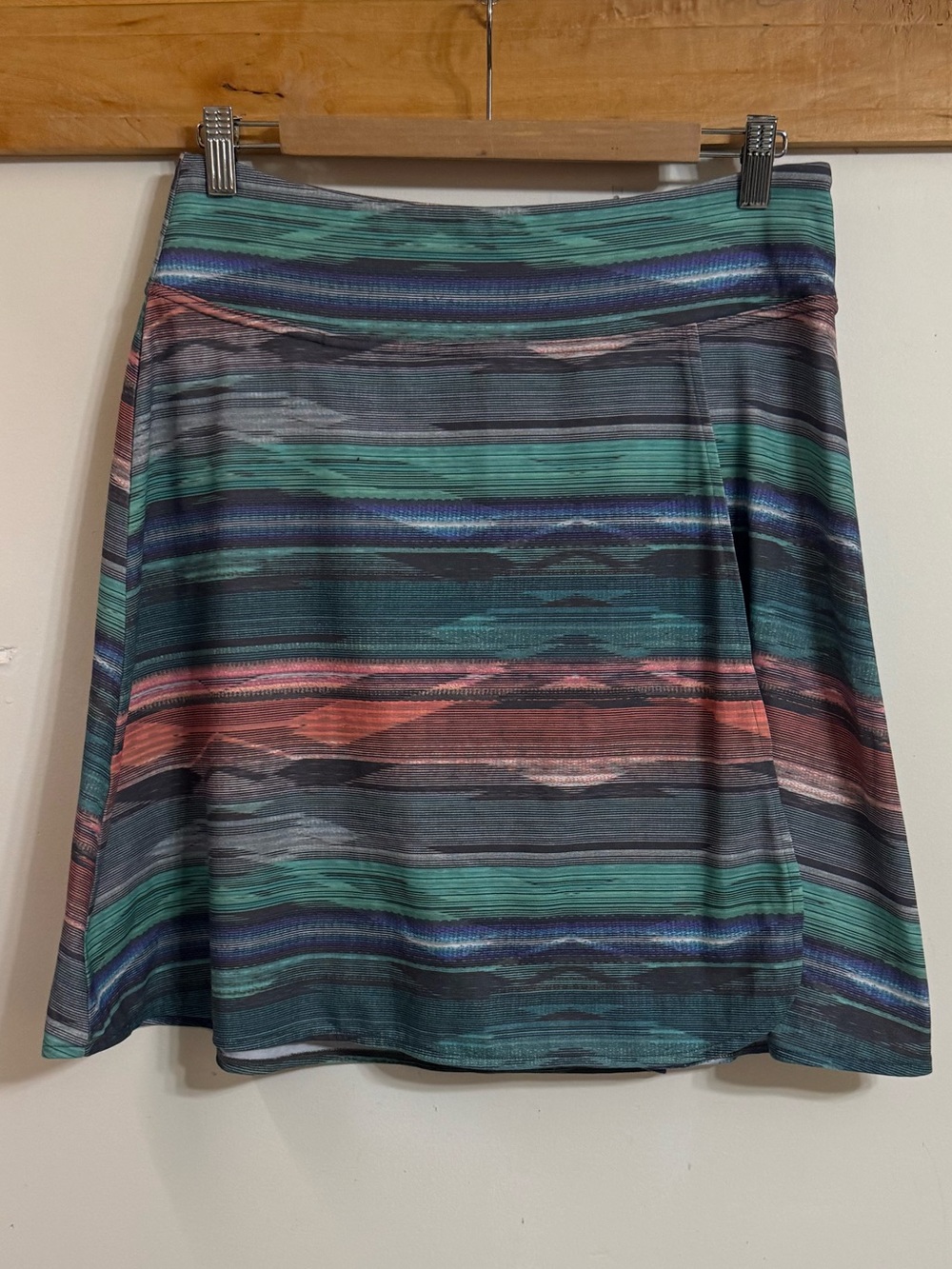 Prana Multicolor Striped Faux Wrap Skirt in Teal, Navy & Coral